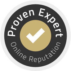 Proven Expert Siegel für Online Reputation mit weißem Haken auf goldenem Kreis.